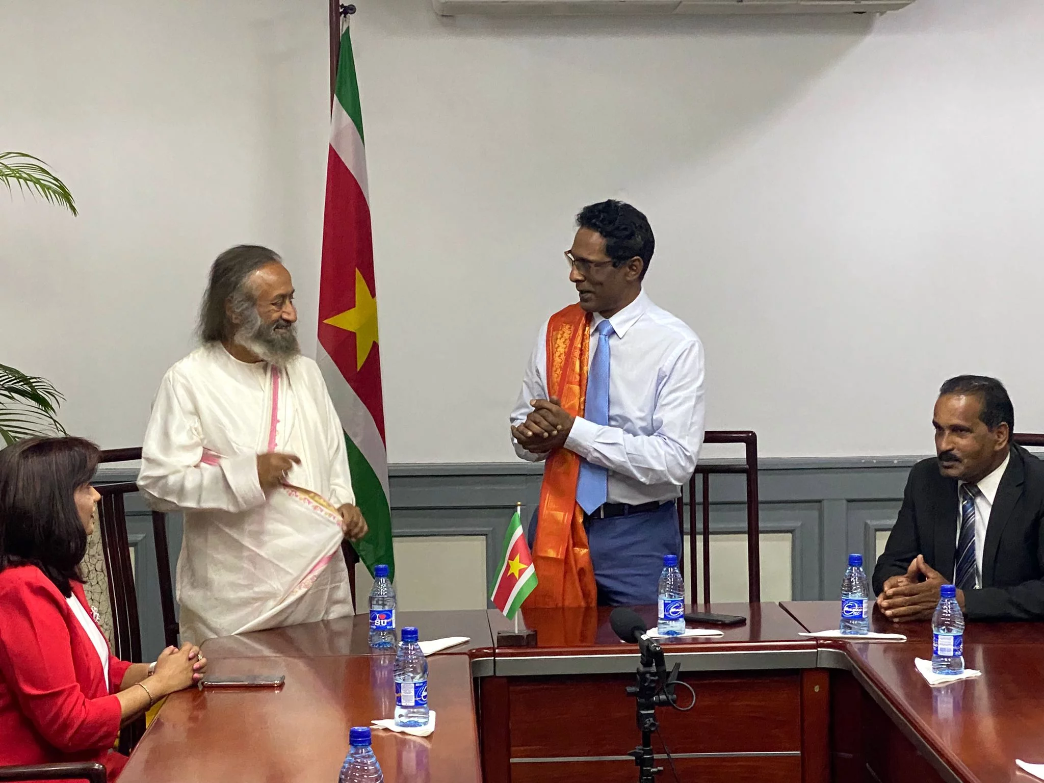 Gurudev Sri Sri Ravi Shankar welcomed by H.E. Dr Dew Sharman, Deputy Speaker of the Suriname Parliament